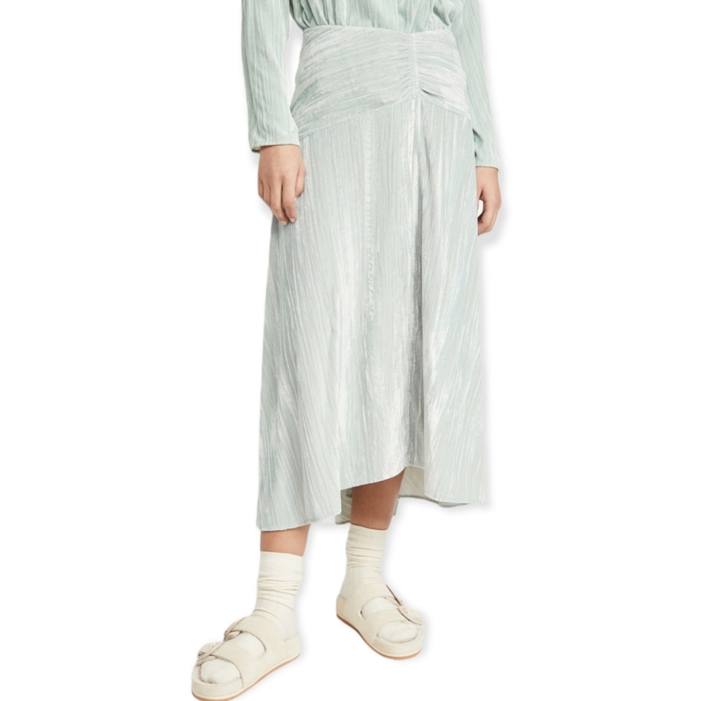 VINCE Ruched Light Teal Sea Glass Color Paneled High-Low Long Skirt